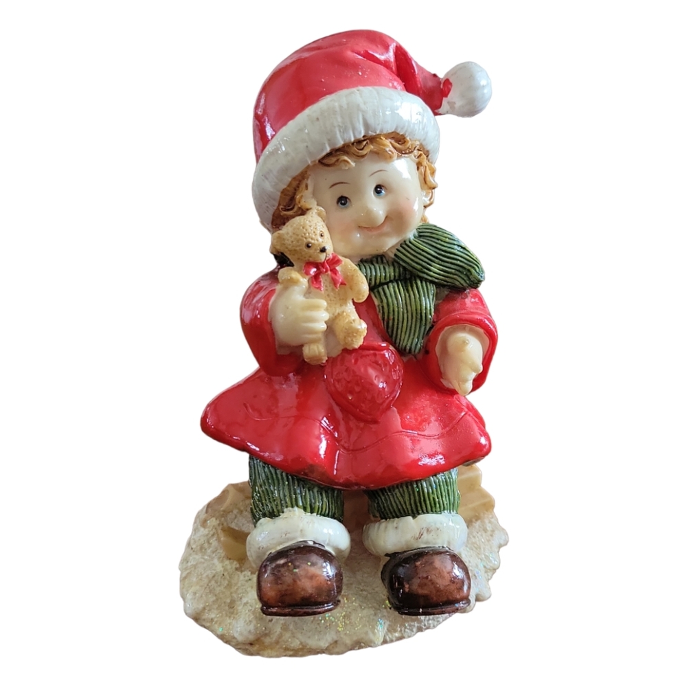 Vtg Christmas Santa Suit Girl Child Elf Teddy Bear Sled Heart Bow Figurine